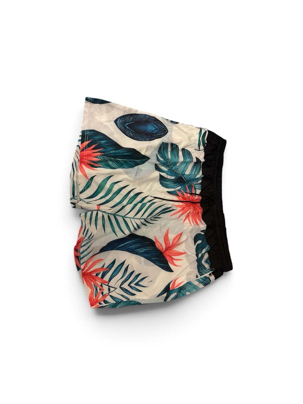 Tropical Leaf Print Swim Shorts with Black Waistband and Drawstring